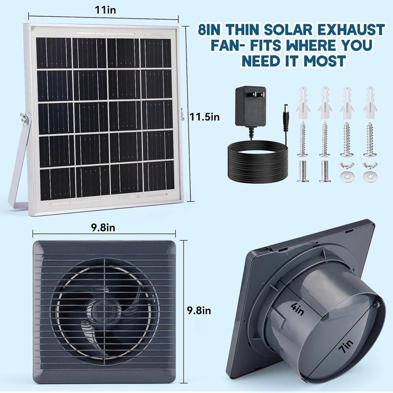 Prozilon Solar Powered Exhaust Fan, 25W Solar Panel+8" High Speed Solar Powered Fans, Solar Exhaust Intake Fan Kit with Bracket, Anti-backflow Valve, Power Adapter, Vent Fan for Shed, Greenhouse, Attic - Image 2